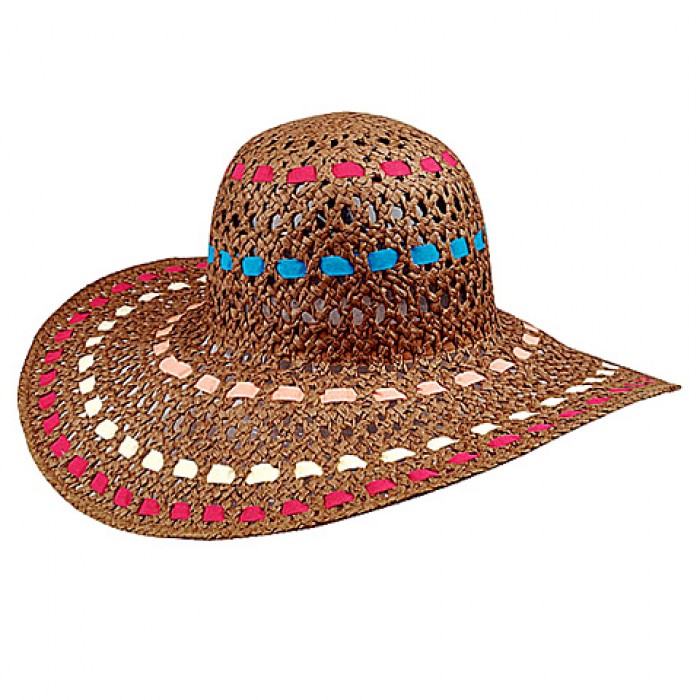 Wide Brim Toyo Straw Accent w/ Colorful Ribbons - Brown -= HT-8213BN